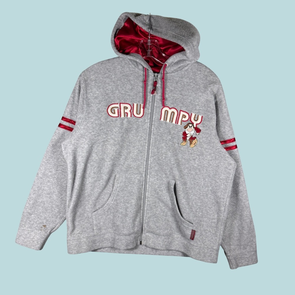 Vintage Disney Grumpy Fleece Zip Up Hoodie Grey Red Satin Lined Kids Medium 8/10